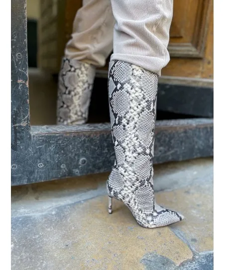 Botte Léana Cuir Effet Python à Talon Aiguille