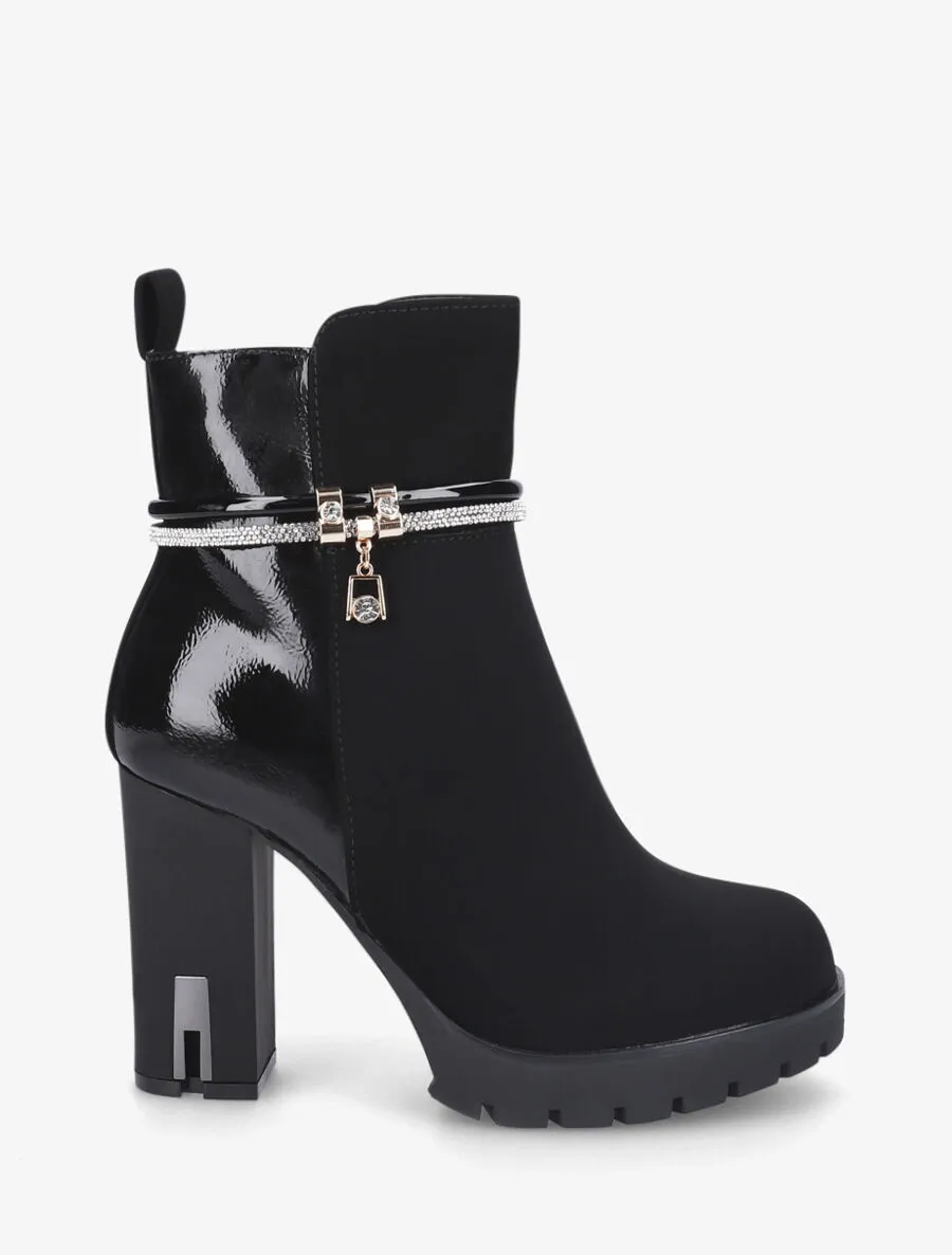 Bottines à talon haut et strass - Noir