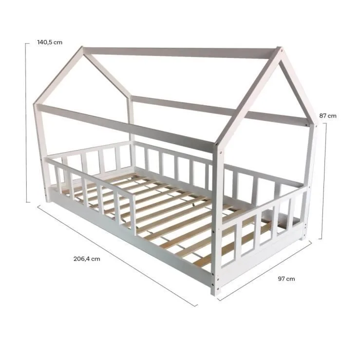 Lit cabane Kiwi 90x200 + 1 sommier + barrière /Blanc