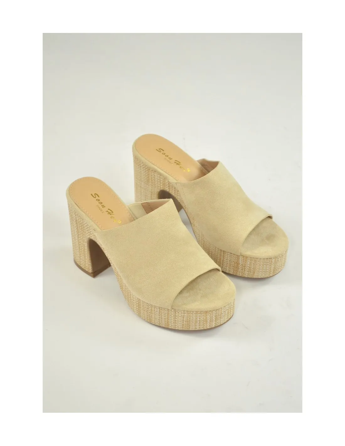 MULES A TALON BEIGE EN SUÉDINE - FEMME