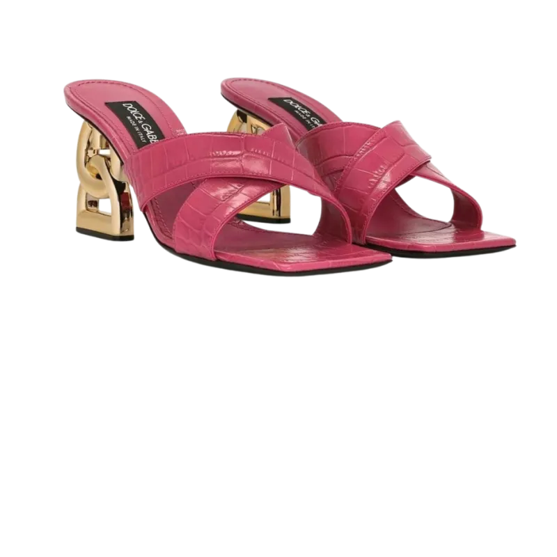 Mules à talon cuir embossé croco rose talon DG or