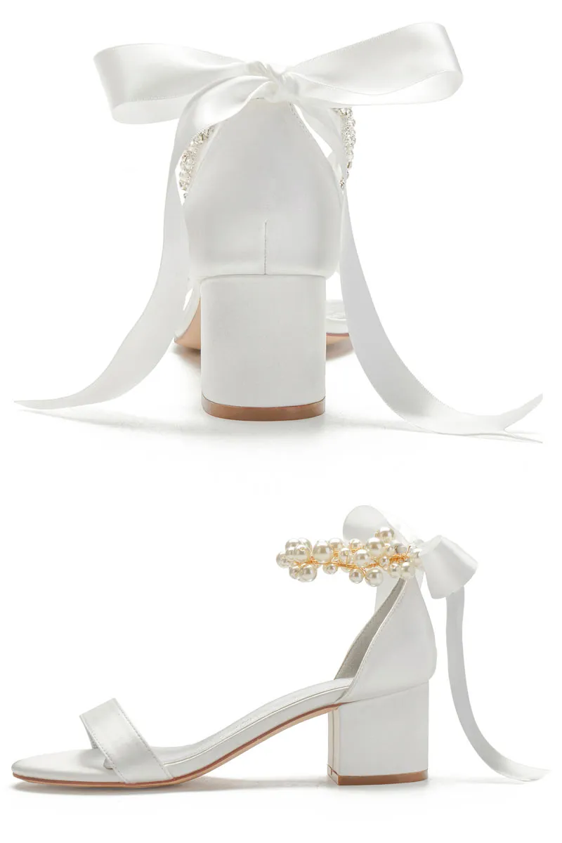 Sandales de mariage champagne talon épais bride perlée noeud